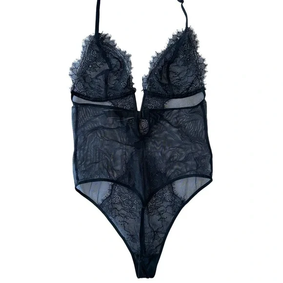VICTORIA'S SECRET SEXY BLACK LACE MESH SLIP-ON BODYSUIT  ONE-PIECE LINGERIE S - Picture 2 of 16